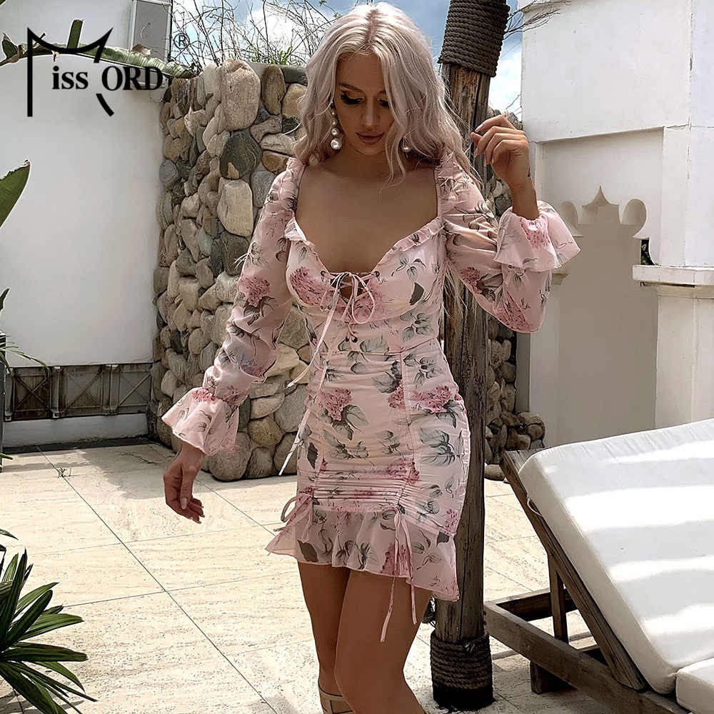 Missord Lace Up Drawstring Ruffle Hem Floral Dress